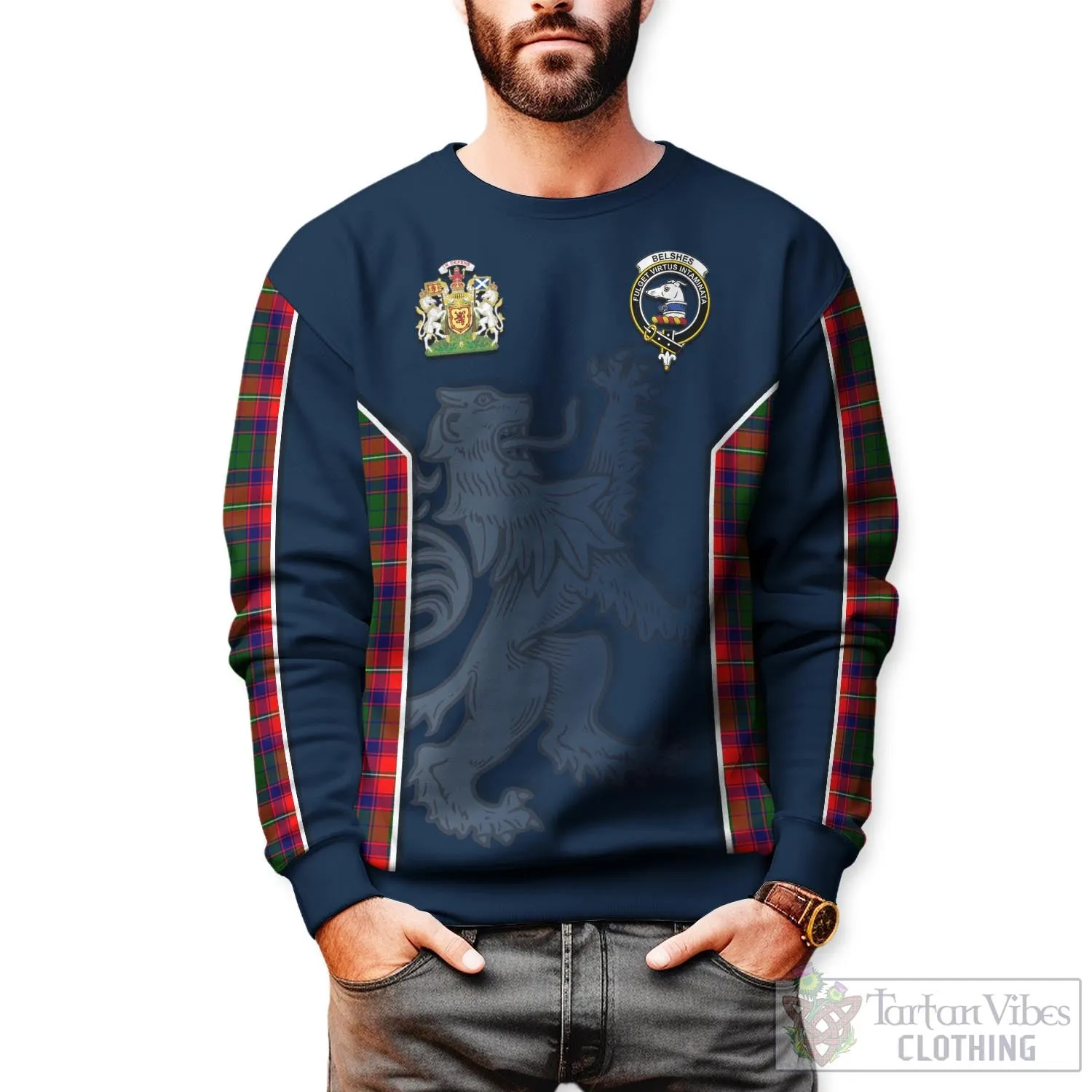 Belshes Tartan Sweater with Family Crest and Lion Rampant Vibes Sport Style