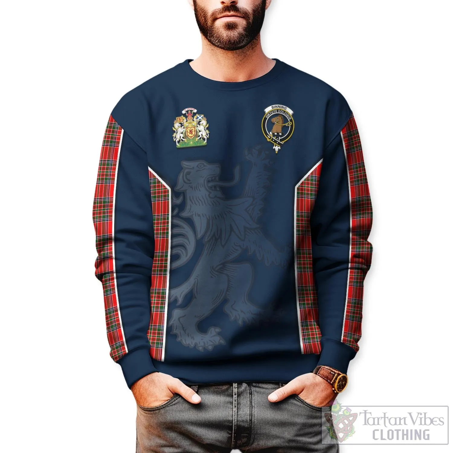 Binning Tartan Sweater with Family Crest and Lion Rampant Vibes Sport Style