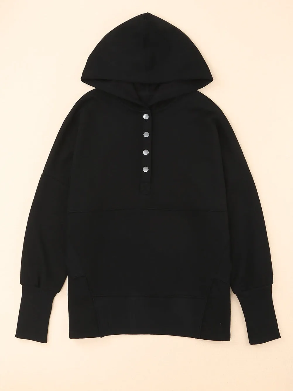 Black Batwing Snap Henley Hoodie with Kangaroo Pocket