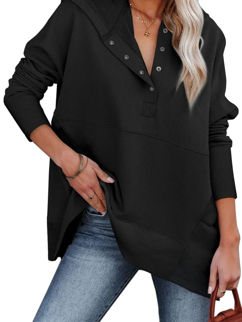 Black Batwing Snap Henley Hoodie with Kangaroo Pocket