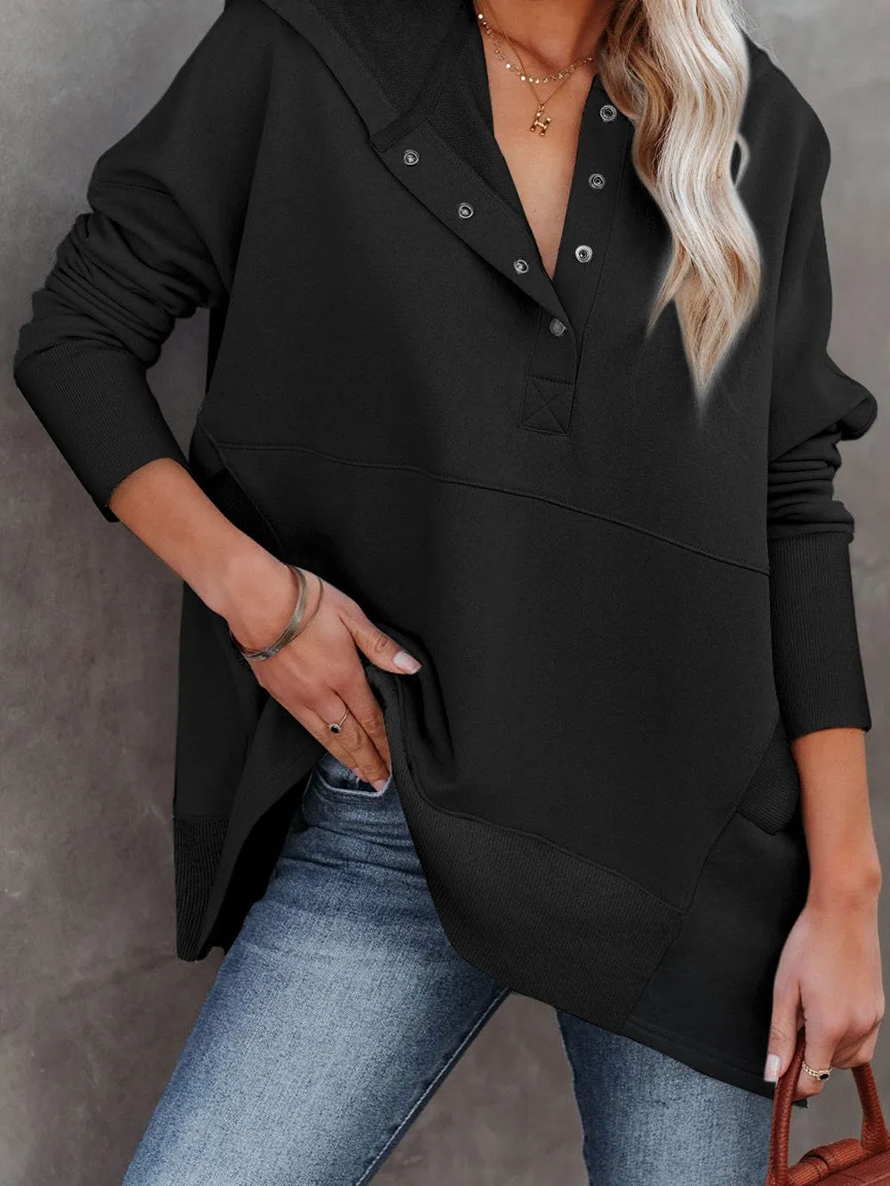 Black Batwing Snap Henley Hoodie with Kangaroo Pocket