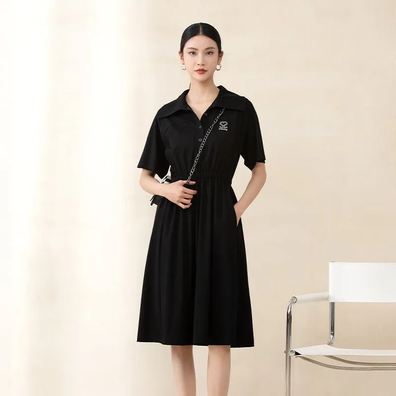 Black Short Sleeve Waist Polo Collar Dresses