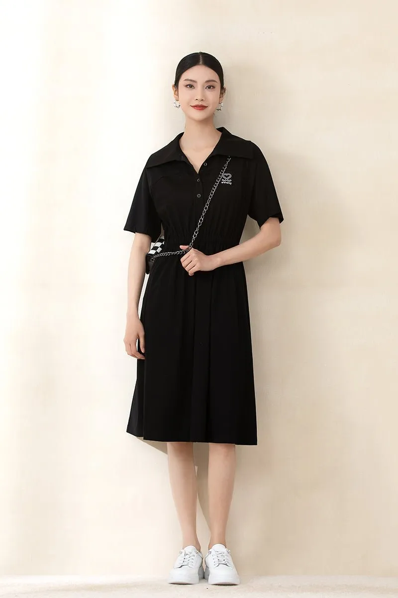 Black Short Sleeve Waist Polo Collar Dresses