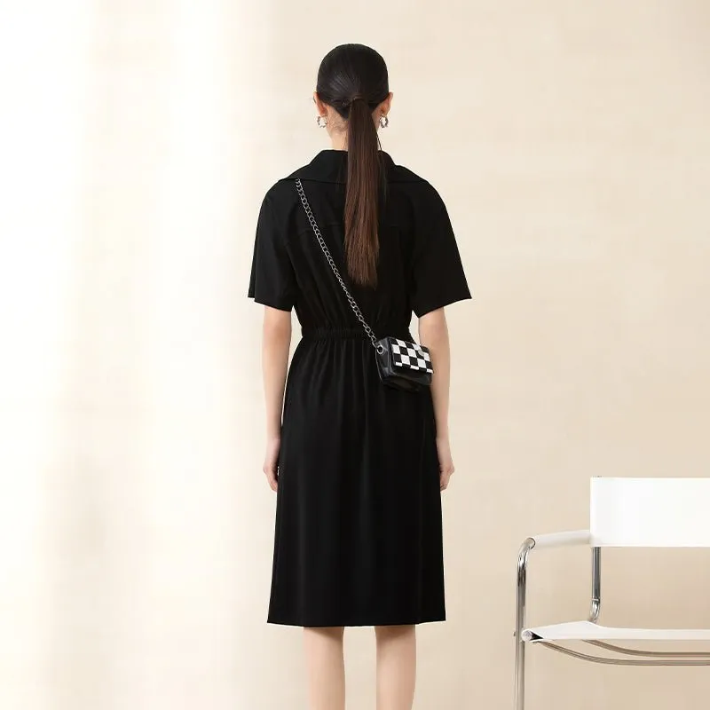 Black Short Sleeve Waist Polo Collar Dresses