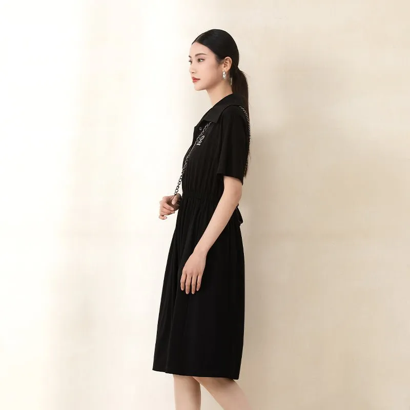 Black Short Sleeve Waist Polo Collar Dresses