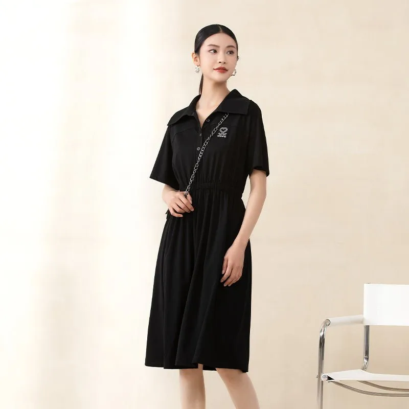 Black Short Sleeve Waist Polo Collar Dresses