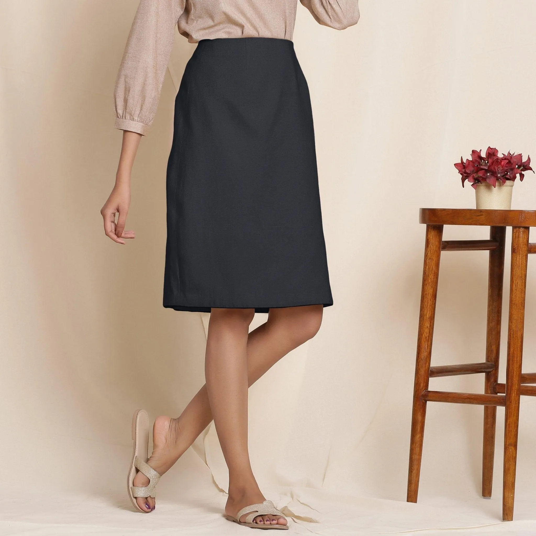 Black Warm Cotton Flannel Knee-Length Pencil Skirt