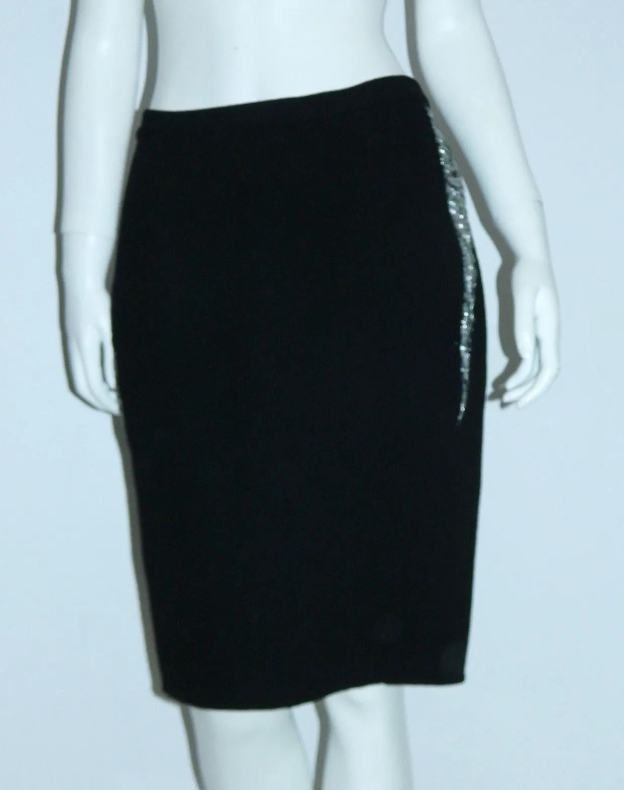 black wool Geoffrey Beene skirt silver lightning bolts / side seams 1980s vintage