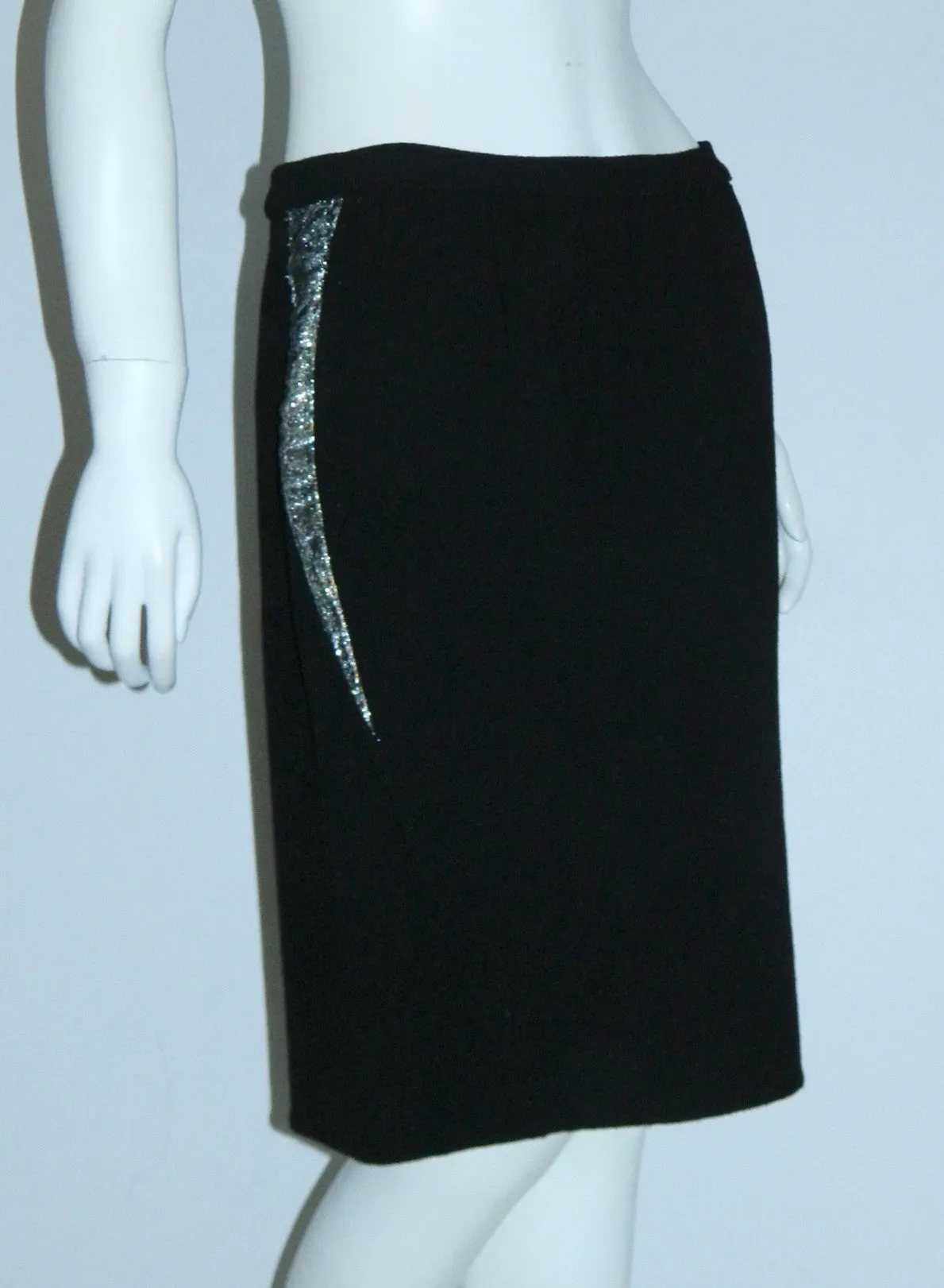 black wool Geoffrey Beene skirt silver lightning bolts / side seams 1980s vintage