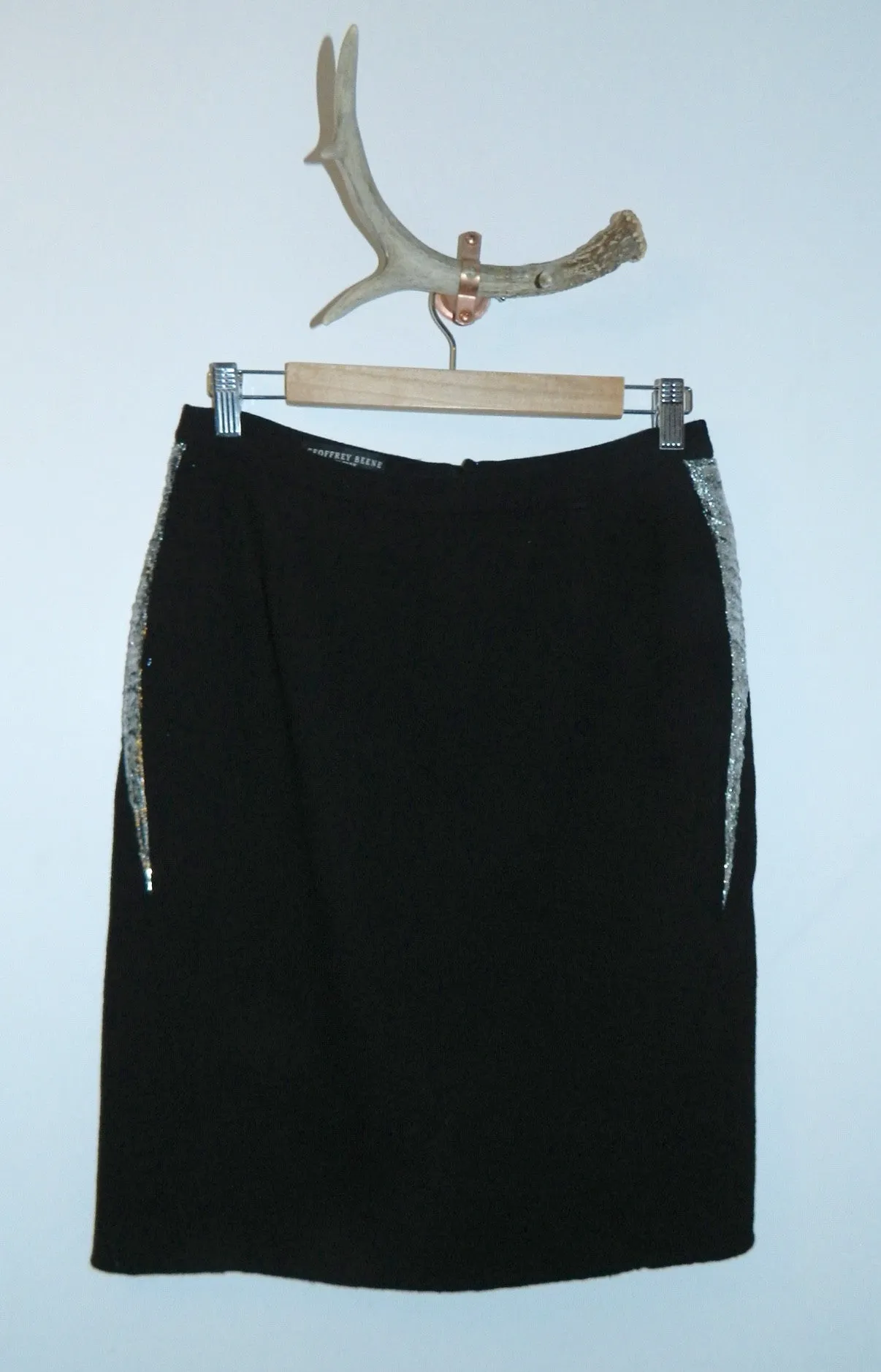 black wool Geoffrey Beene skirt silver lightning bolts / side seams 1980s vintage