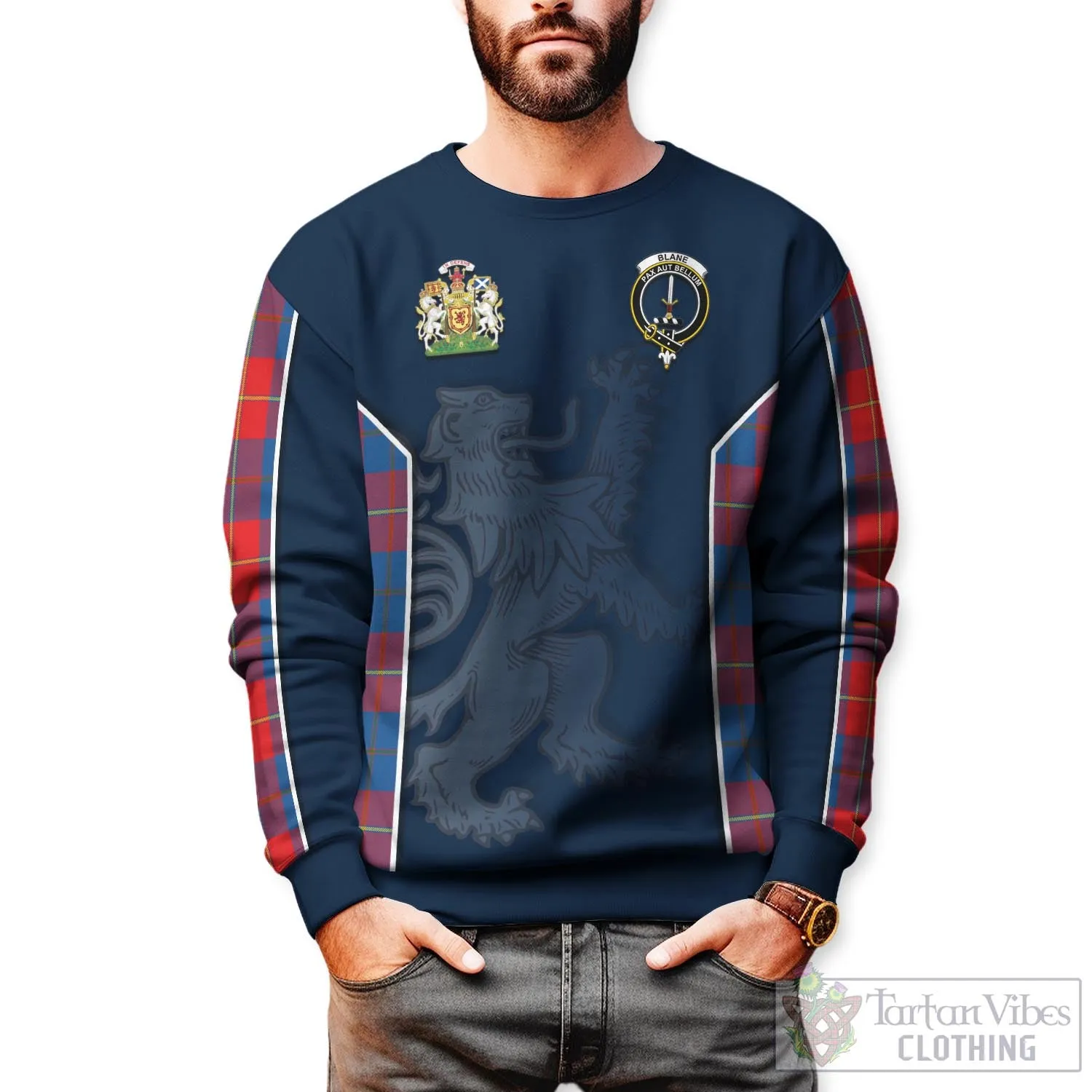 Blane Tartan Sweater with Family Crest and Lion Rampant Vibes Sport Style