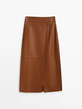 Brown leather midi pencil skirt