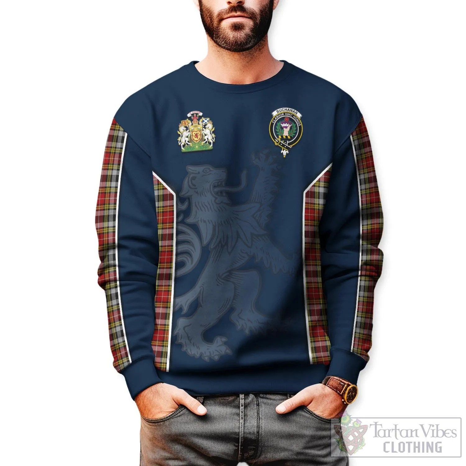 Buchanan Old Dress Tartan Sweater with Family Crest and Lion Rampant Vibes Sport Style