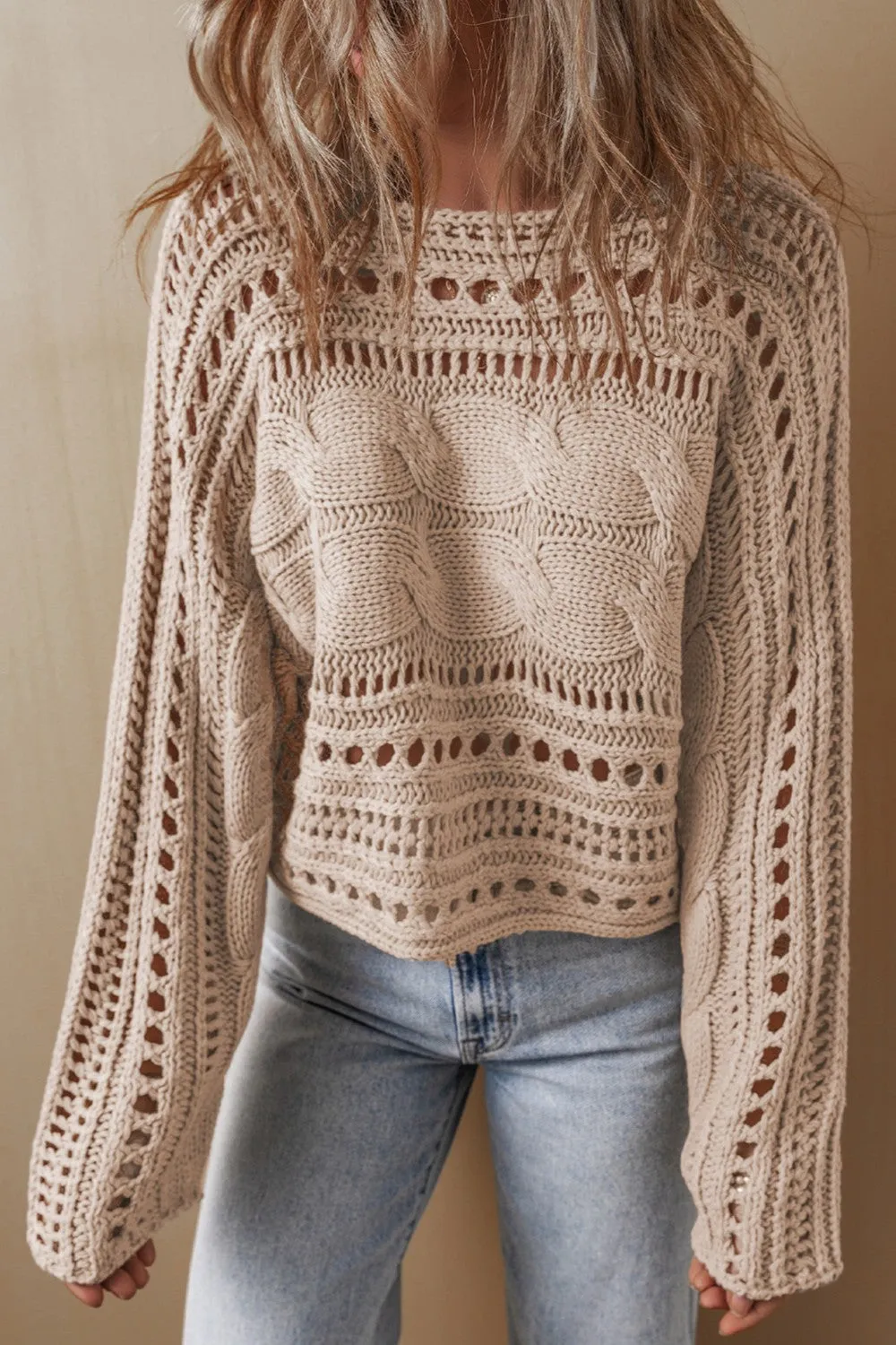 Cable-Knit Openwork Long Sleeve Sweater