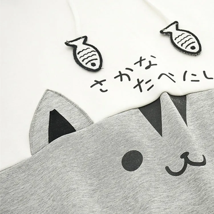 Cartoon Cat Fish Drawstring Hoodie