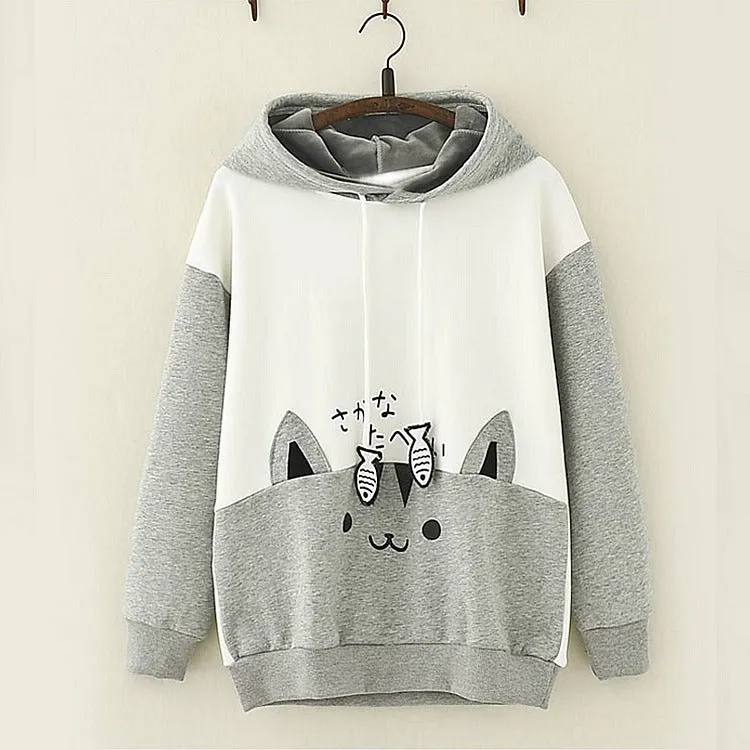 Cartoon Cat Fish Drawstring Hoodie