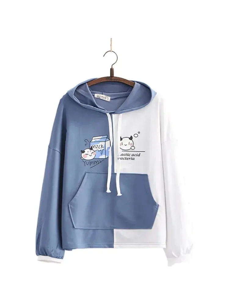 Cartoon Print Patchwork Women Hooded Sweatshirt Drawstring Cotton Hoodies Autumn Winter Harakuju Pullover Tracksuits