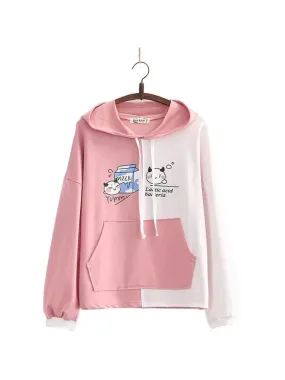 Cartoon Print Patchwork Women Hooded Sweatshirt Drawstring Cotton Hoodies Autumn Winter Harakuju Pullover Tracksuits