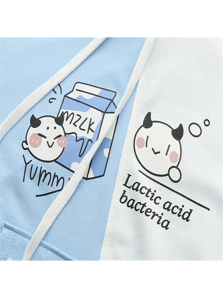 Cartoon Print Patchwork Women Hooded Sweatshirt Drawstring Cotton Hoodies Autumn Winter Harakuju Pullover Tracksuits