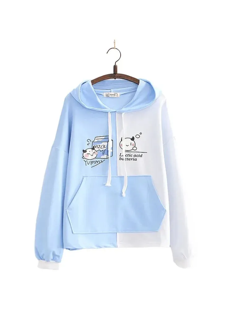 Cartoon Print Patchwork Women Hooded Sweatshirt Drawstring Cotton Hoodies Autumn Winter Harakuju Pullover Tracksuits