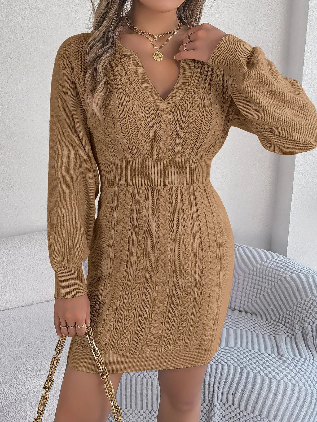 Casual Loose Knit Sweater Autumn Winter Women's Chicken Heart Collar Twists Full Sleeve Hip Wrapped Woolen Mini Dress