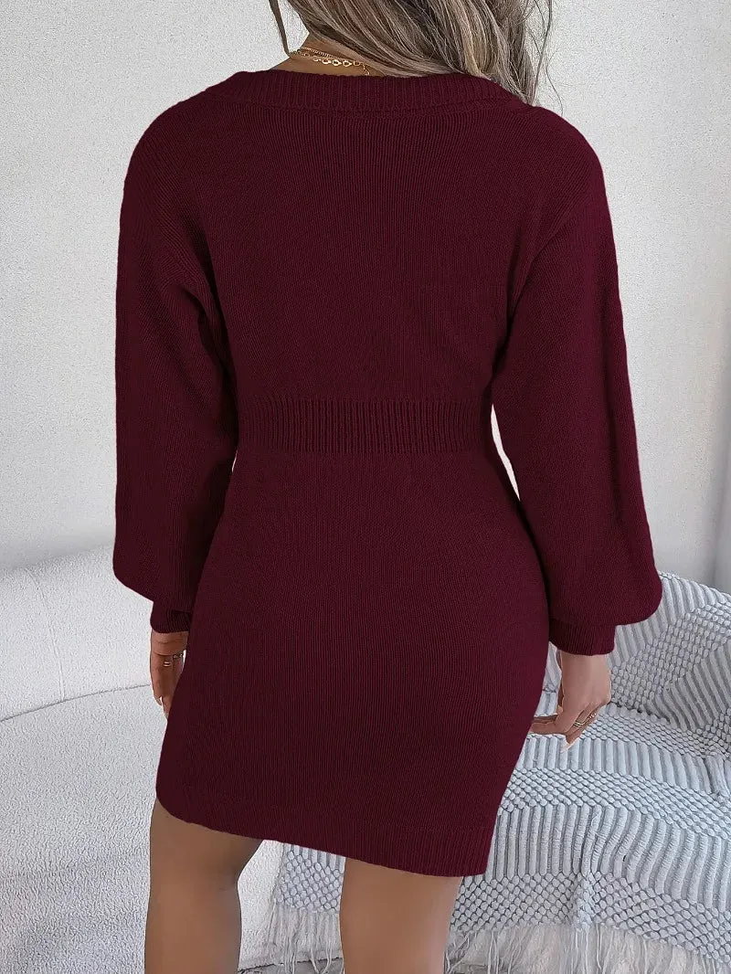 Casual Loose Knit Sweater Autumn Winter Women's Chicken Heart Collar Twists Full Sleeve Hip Wrapped Woolen Mini Dress