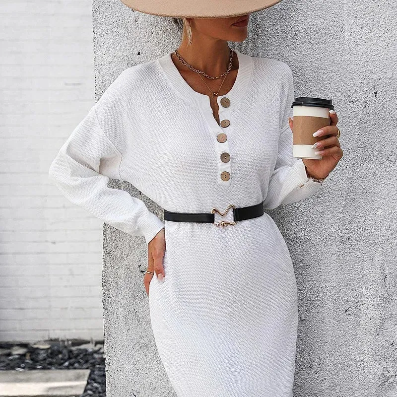 Casual Loose Knitted Sweater Button Solid Full Sleeve Midi Dress for Autumn/Winter