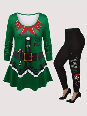 Christmas Elf Themed Women's Casual Polyester Knit Sweater Set with Long Sleeve Top and Pants - Festive Holiday Outfit for All Seasons