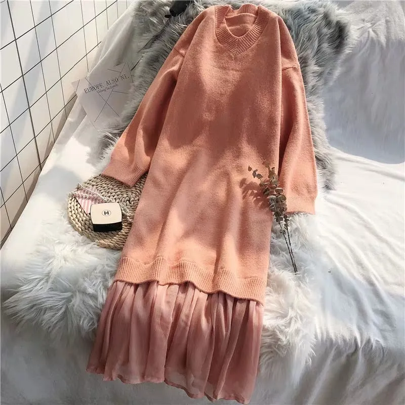 Christmas Gift Joskaa Casual V-neck Loose Women Sweater Dress Elegant Autumn Winter Dress Ruffles Patchwork Female Long Knitted Vestidos 2019