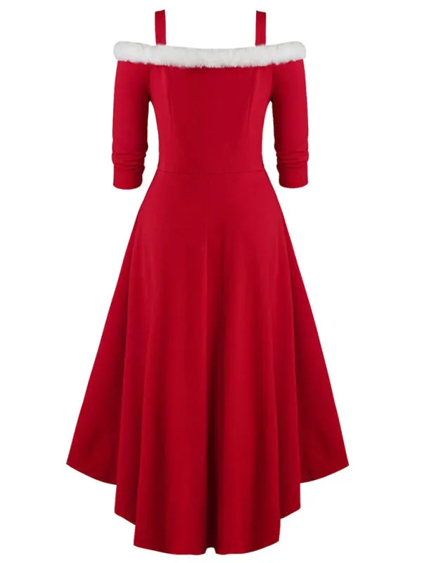 Christmas long-sleeved plush high-low deep V off-the-shoulder dress