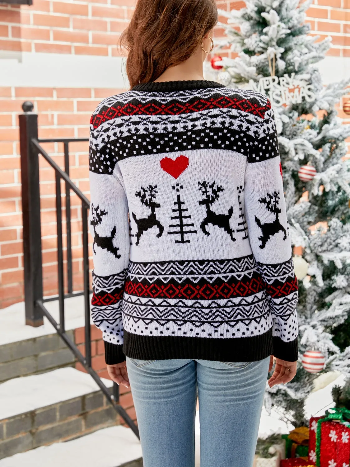 Christmas Reindeer Hearts Round Neck Sweater