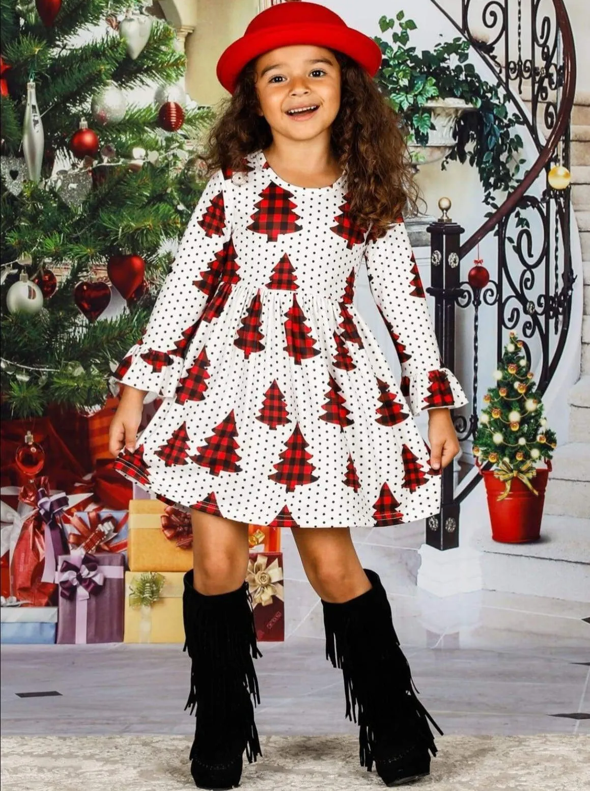 Christmas Tree Shopping Plaid Polka Dot Dress