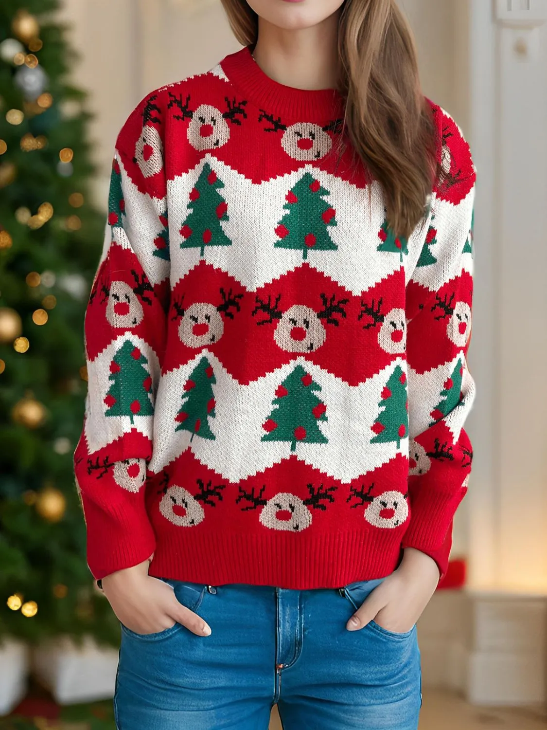 Christmas Trees Round Neck Long Sleeve Sweater