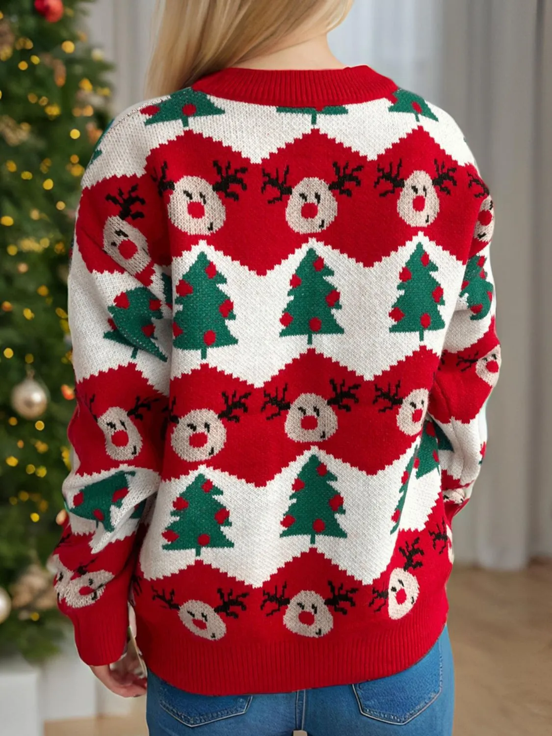 Christmas Trees Round Neck Long Sleeve Sweater