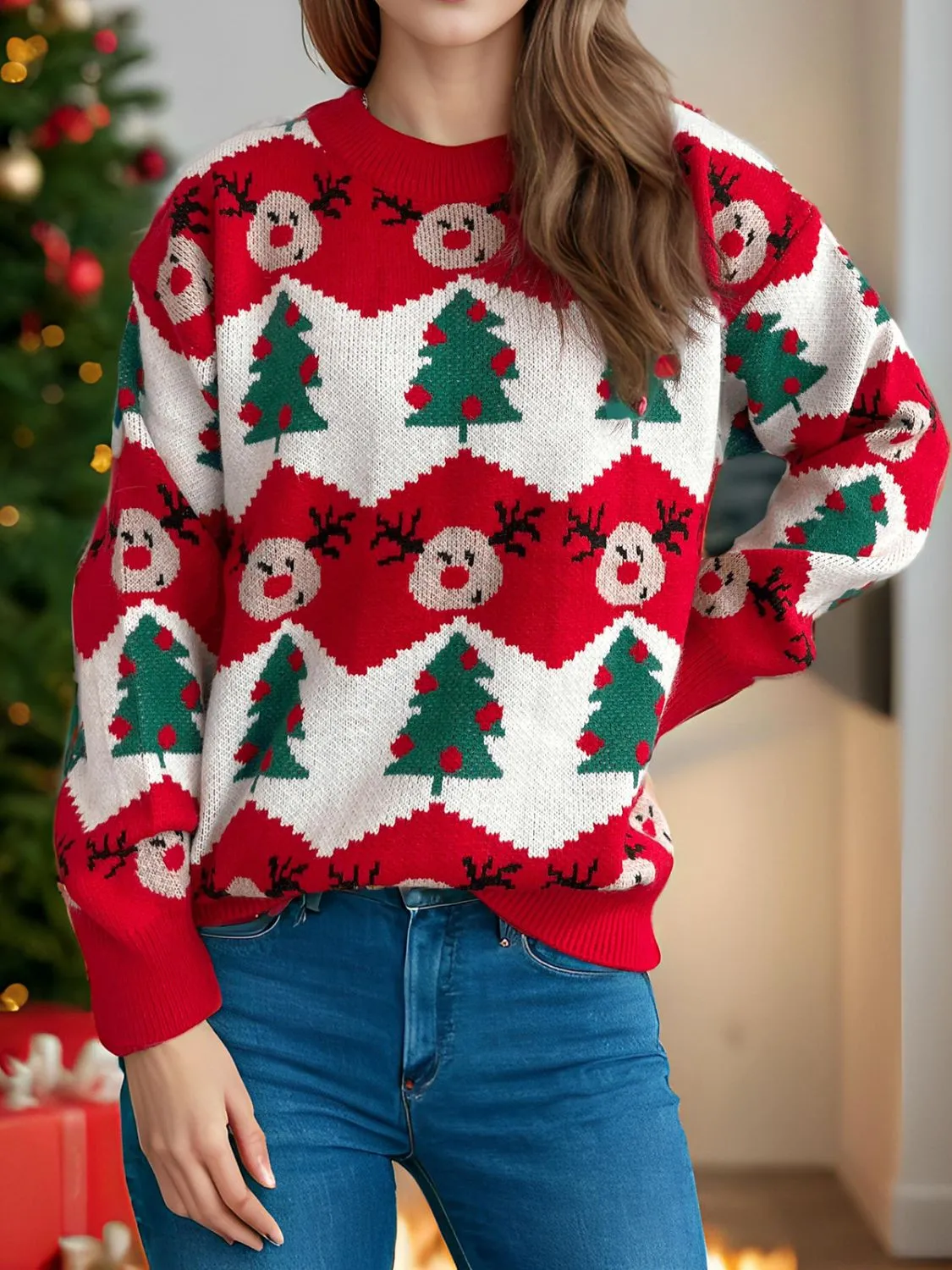 Christmas Trees Round Neck Long Sleeve Sweater