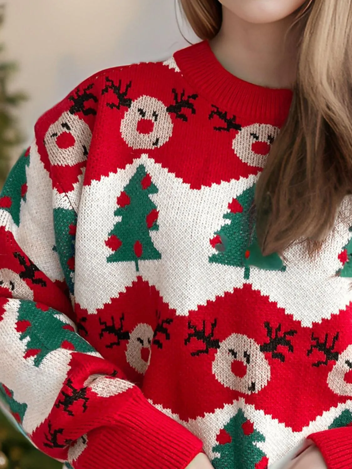 Christmas Trees Round Neck Long Sleeve Sweater