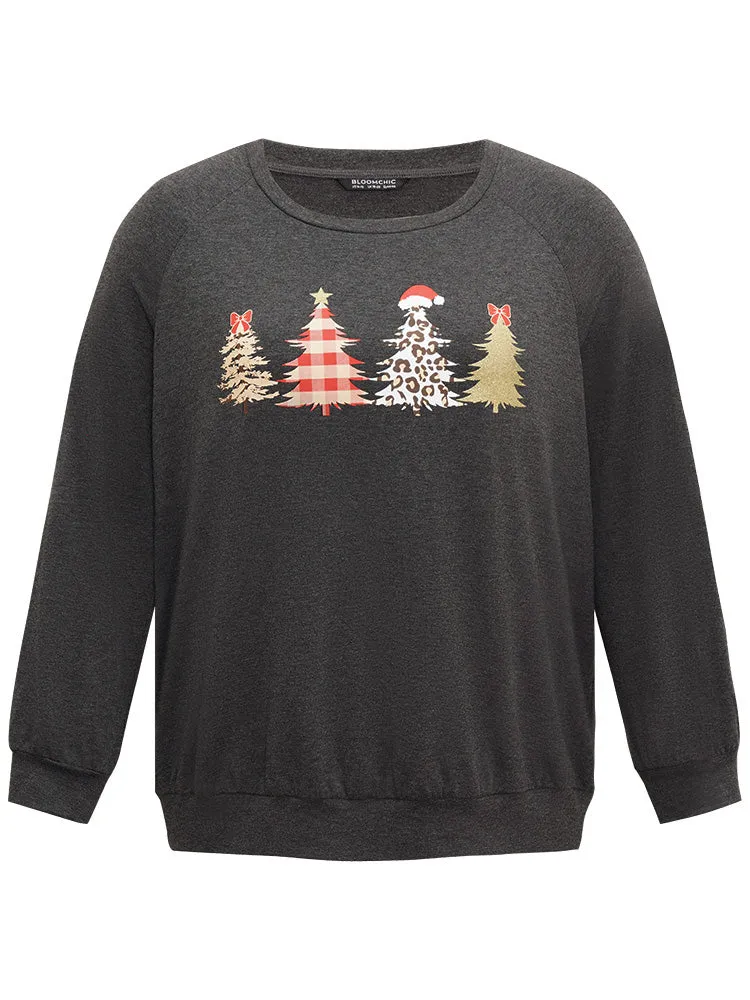 Christmas Trees Round Neck Raglan Sleeve Sweatshirt