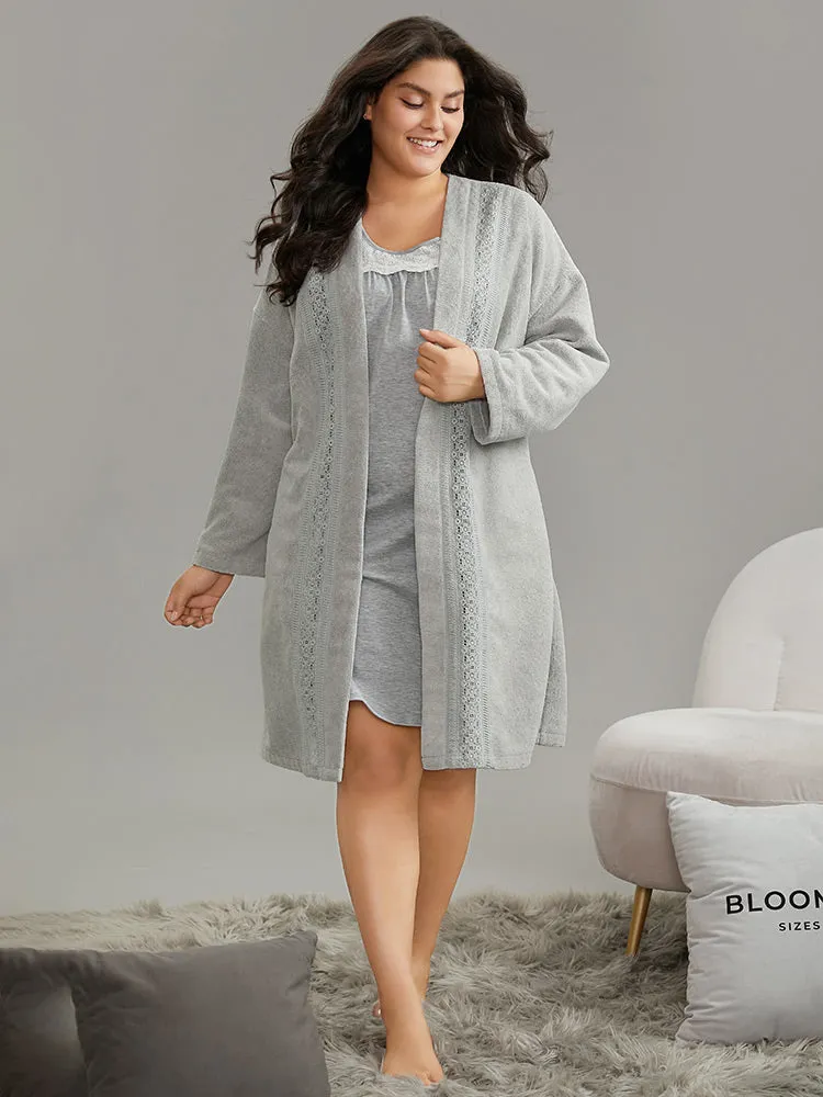 Contrast Guipure Lace Belted Drop Shoulder Sleep Robe