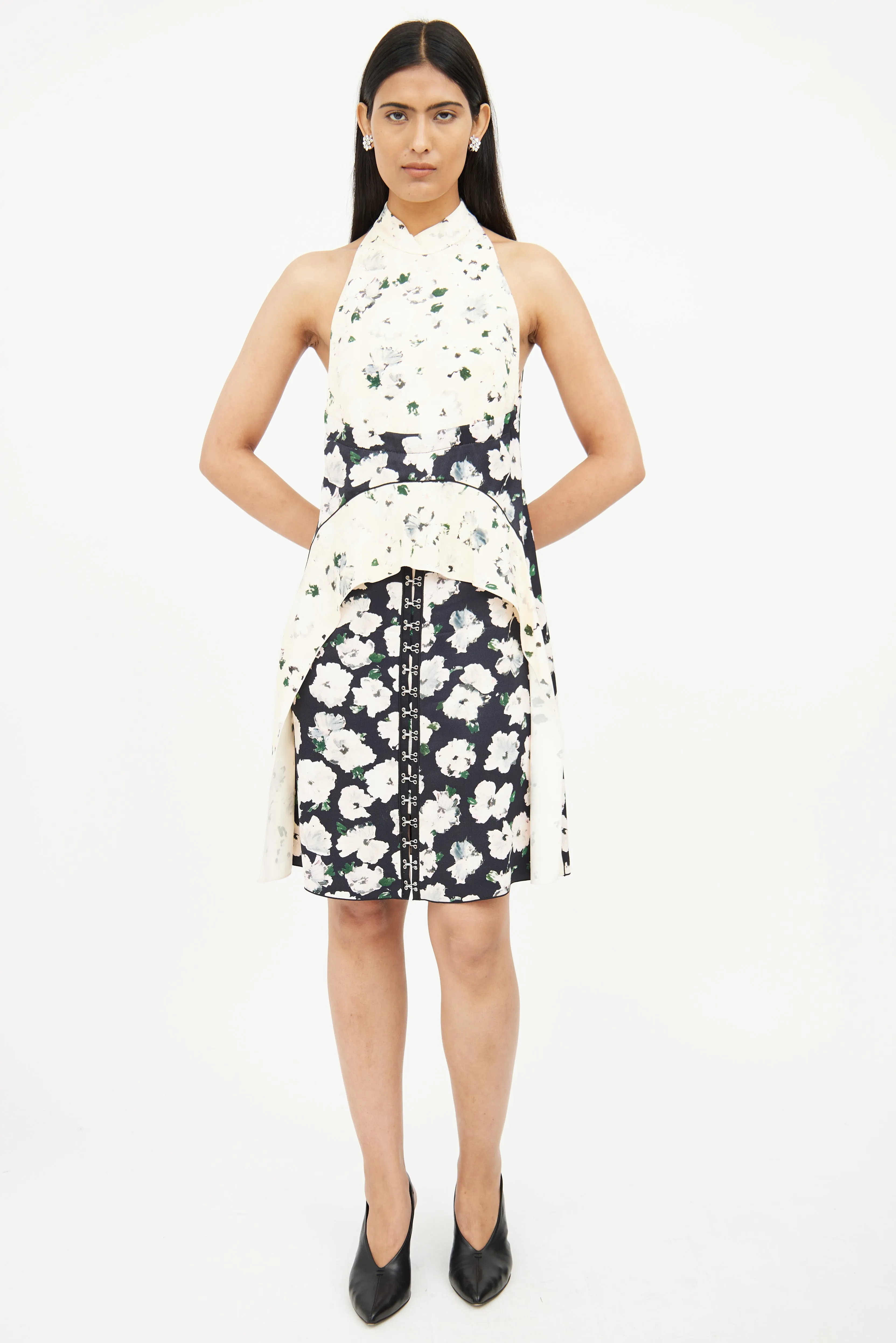 Cream & Black Midi Floral Dress