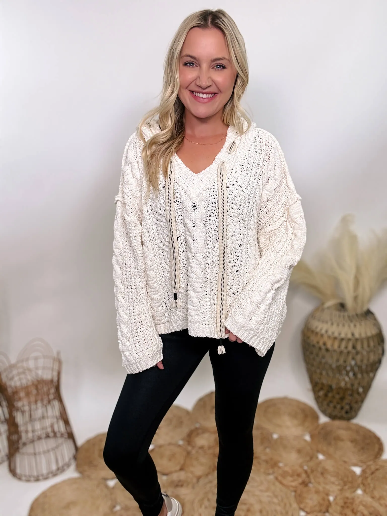 Cream V-Neck Chenille Cable Knit Sweater Hoodie