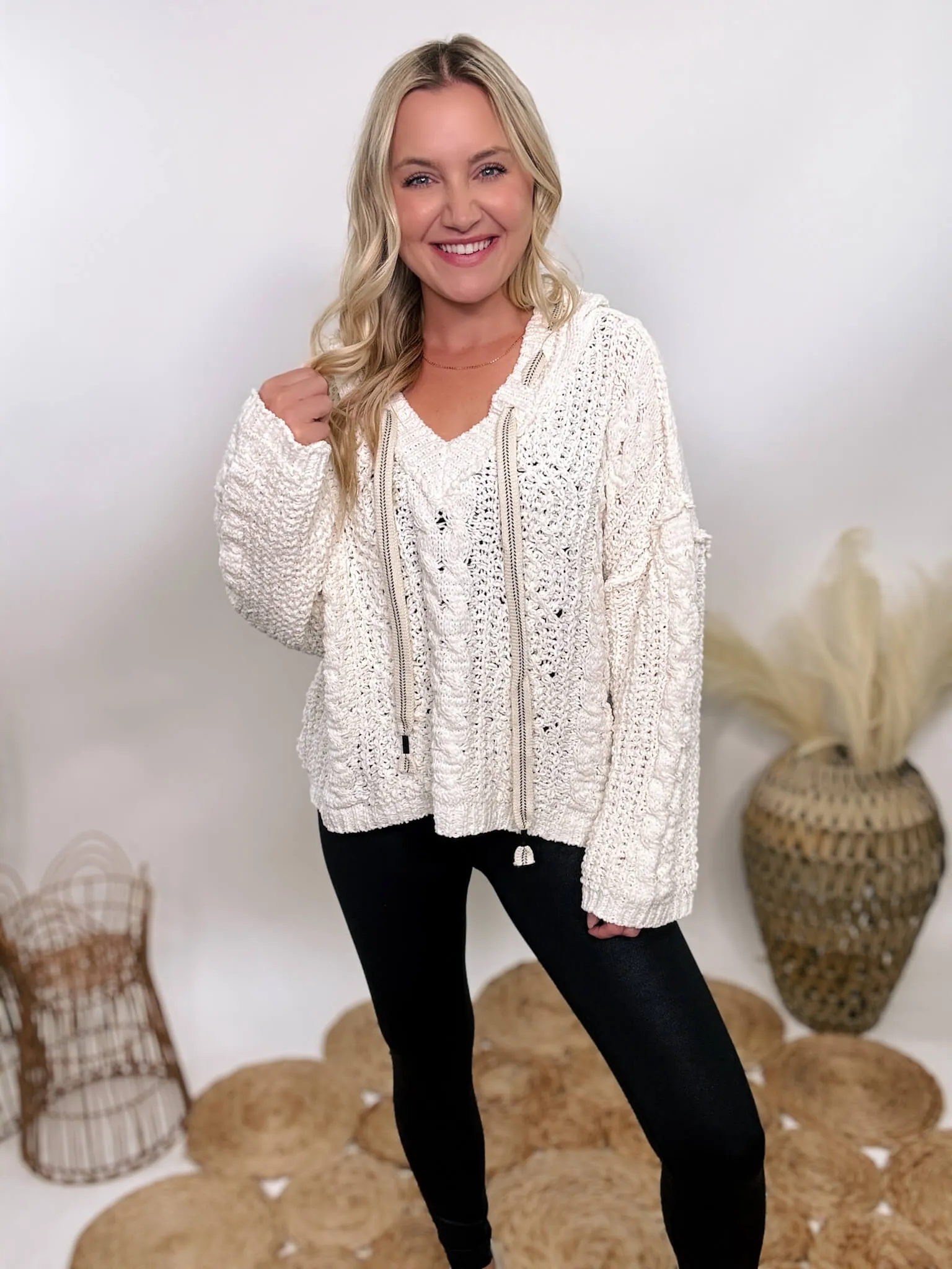 Cream V-Neck Chenille Cable Knit Sweater Hoodie