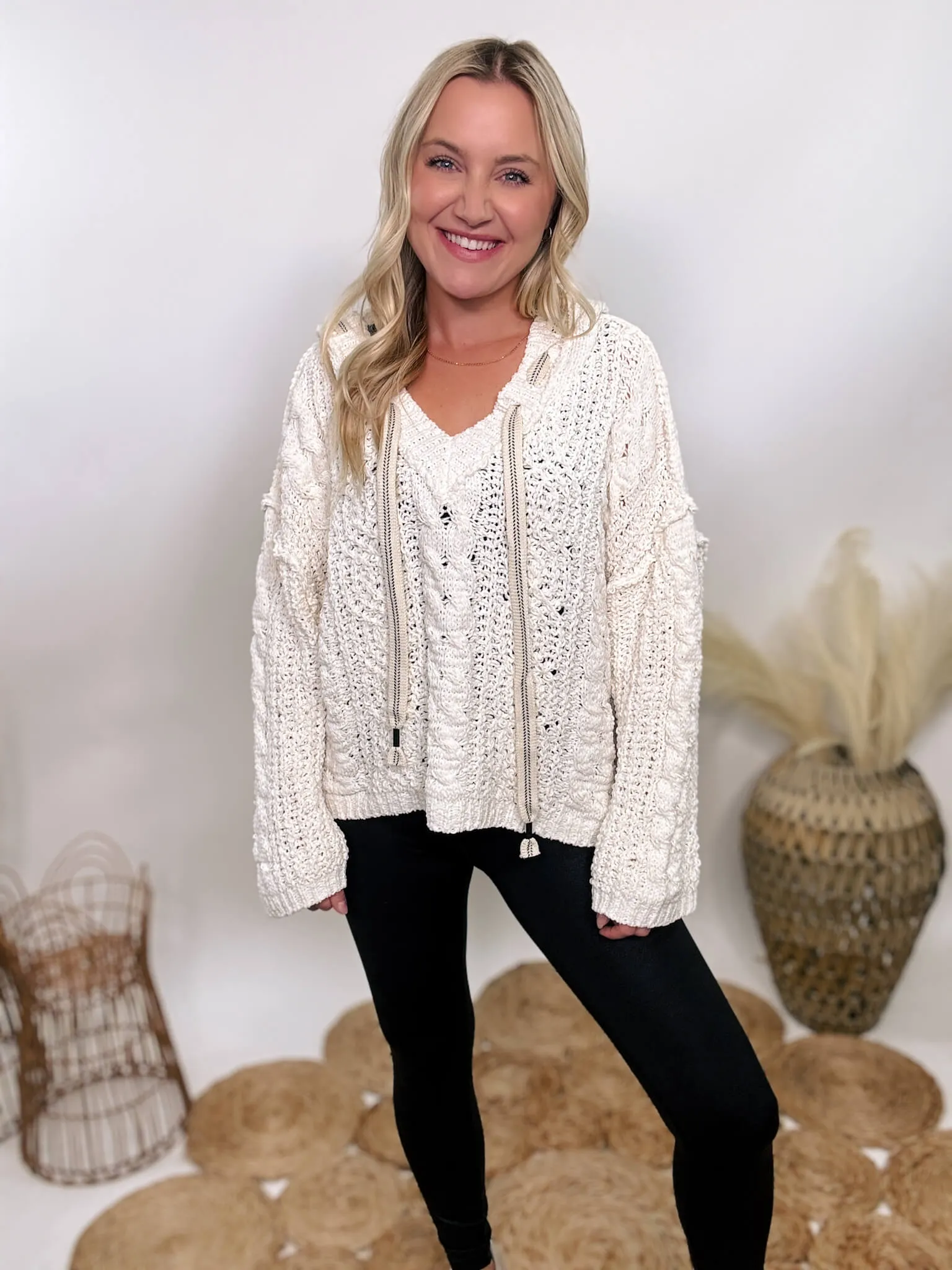 Cream V-Neck Chenille Cable Knit Sweater Hoodie