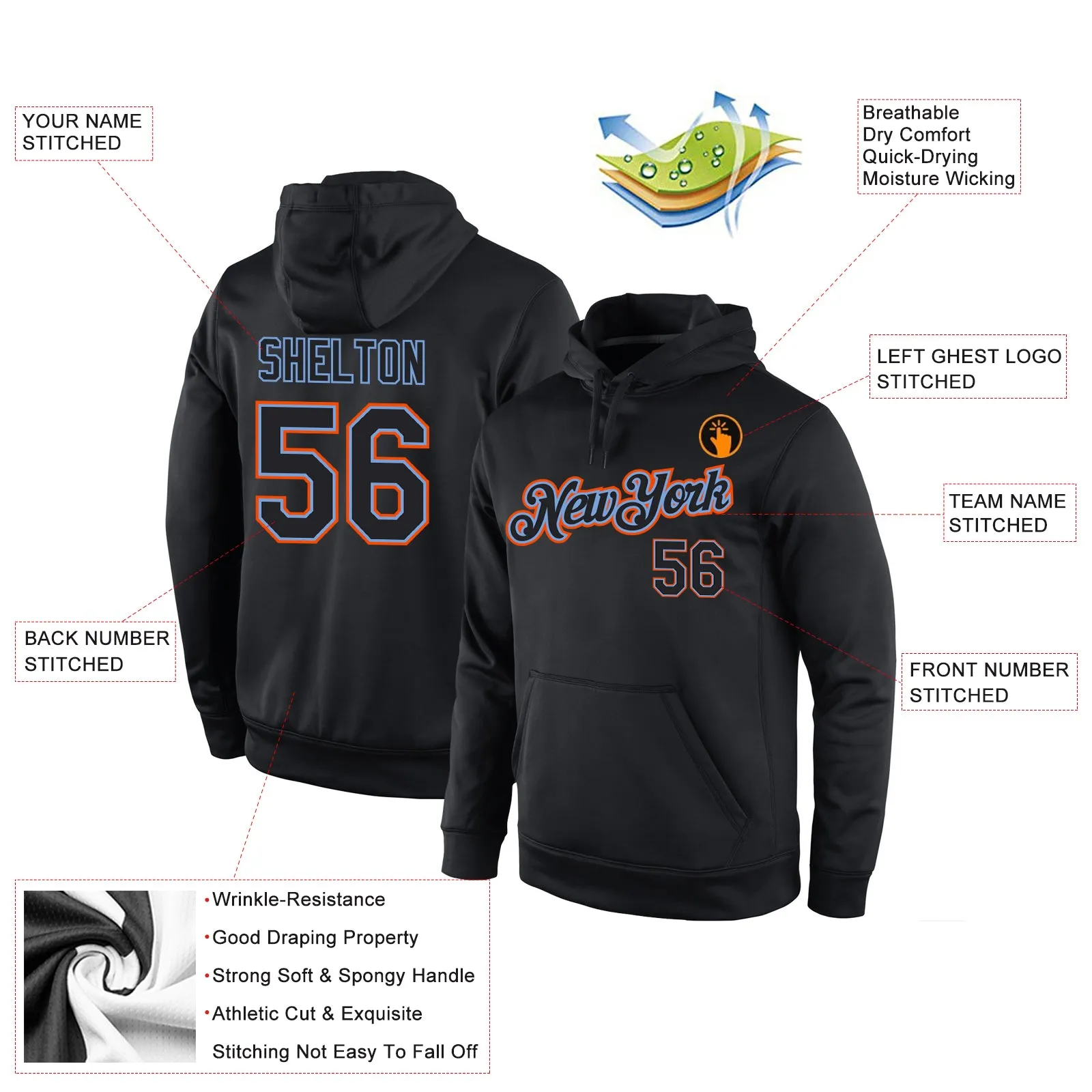 Custom Stitched Black Black-Orange Sports Pullover Sweatshirt Hoodie