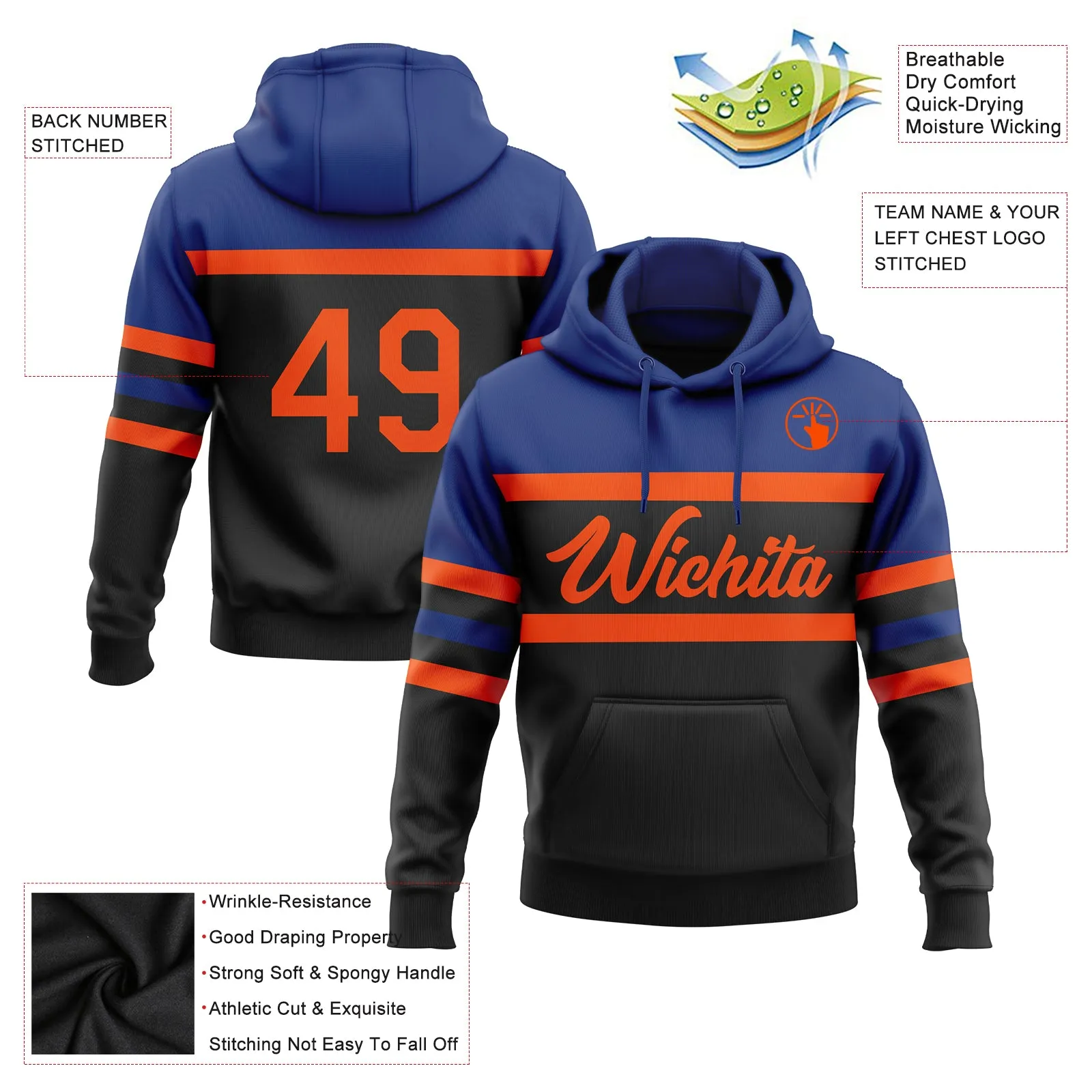 Custom Stitched Black Orange-Royal Line Sports Pullover Sweatshirt Hoodie