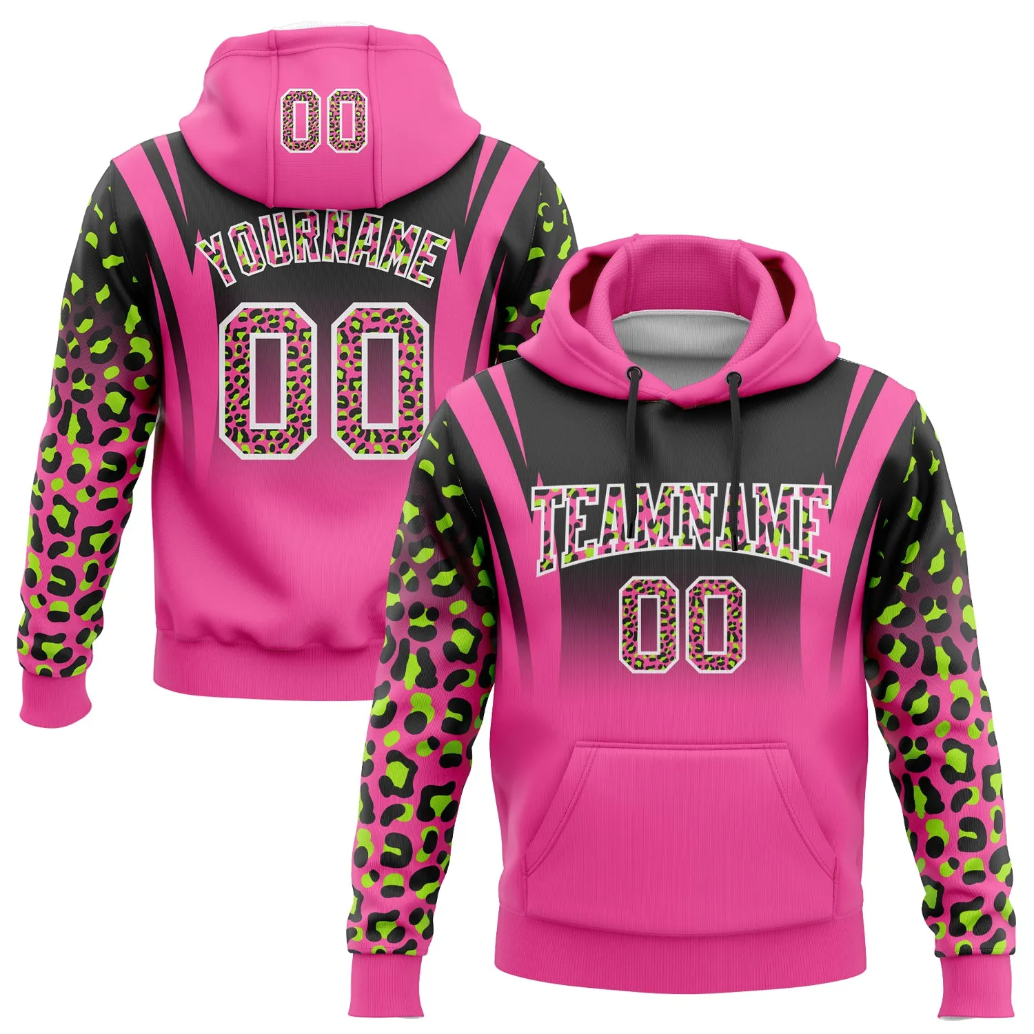 Custom Stitched Black Pink-Neon Green Fade Fashion Leopard Print Sports Pullover Sweatshirt Hoodie