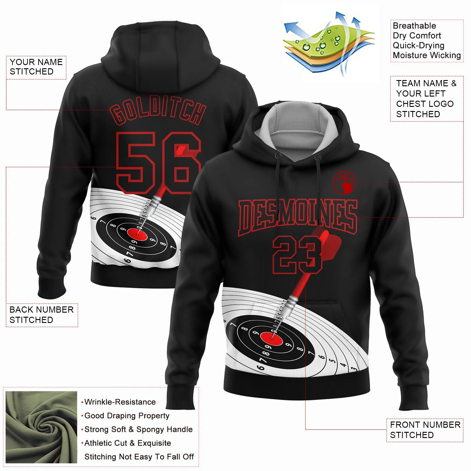 Custom Stitched Black Red 3D Dart Board Target Sports Pullover Sweatshirt Hoodie