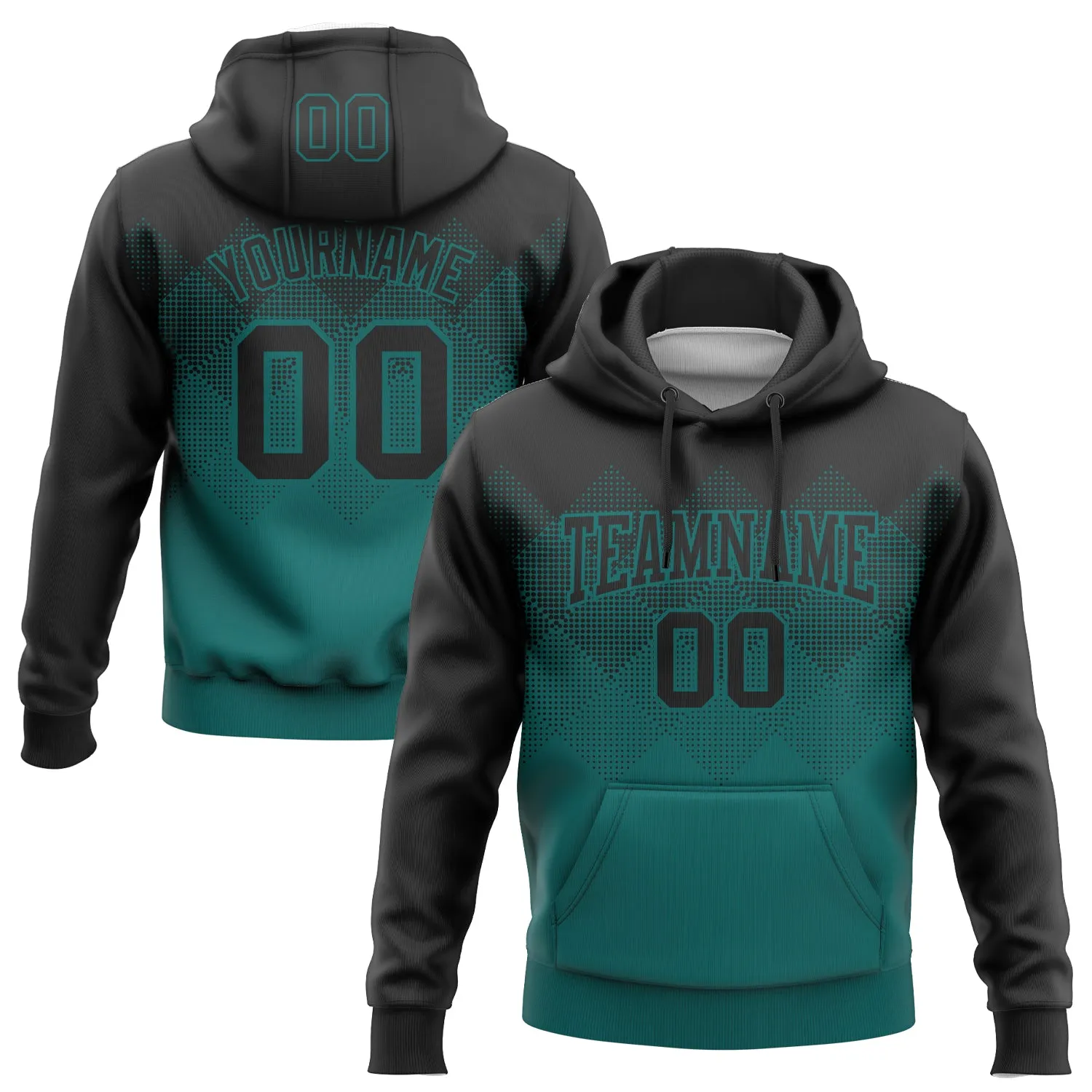 Custom Stitched Black Teal 3D Pattern Design Gradient Square Shape Sports Pullover Sweatshirt Hoodie