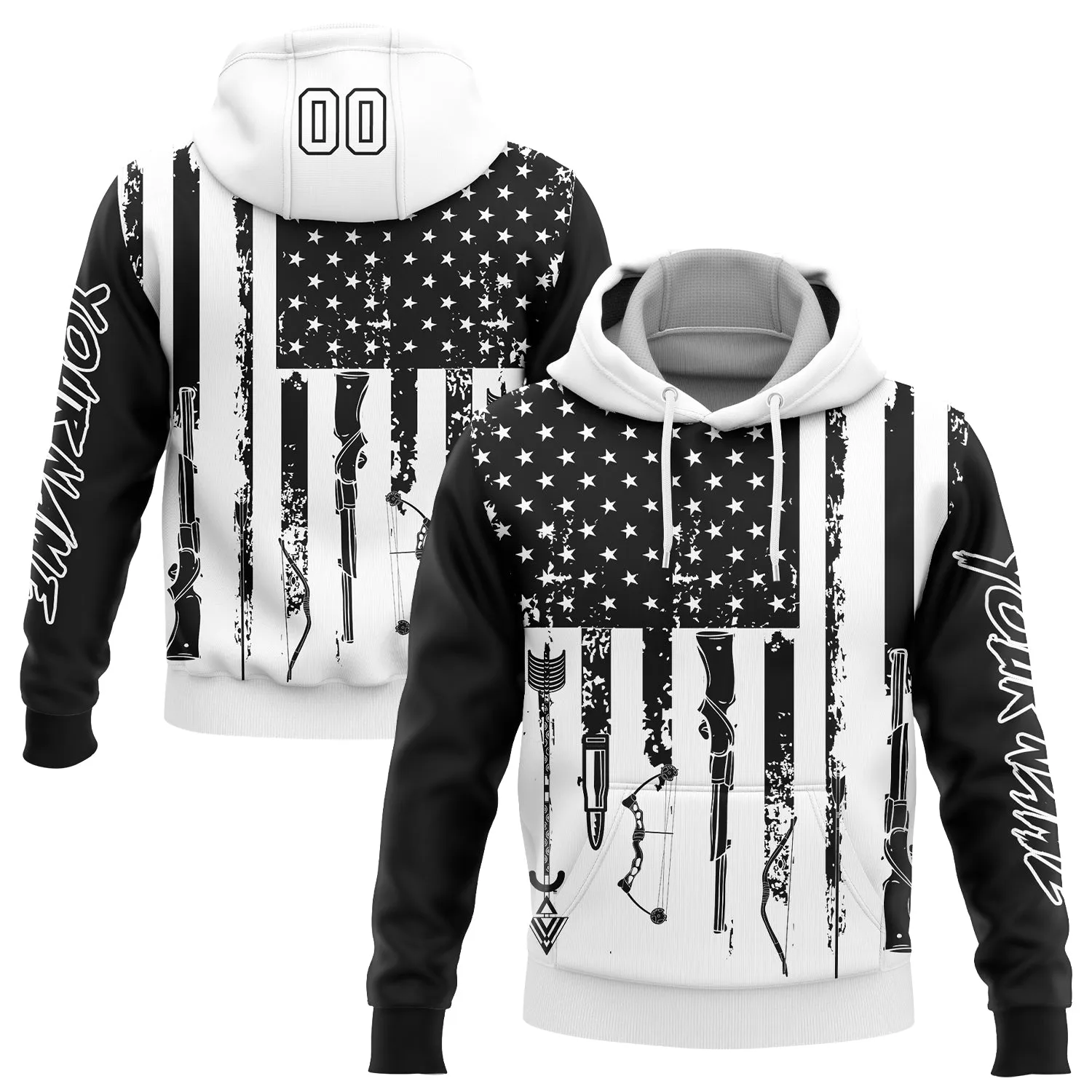 Custom Stitched Black White 3D American Flag And Hunting Tools Sports Pullover Sweatshirt Hoodie