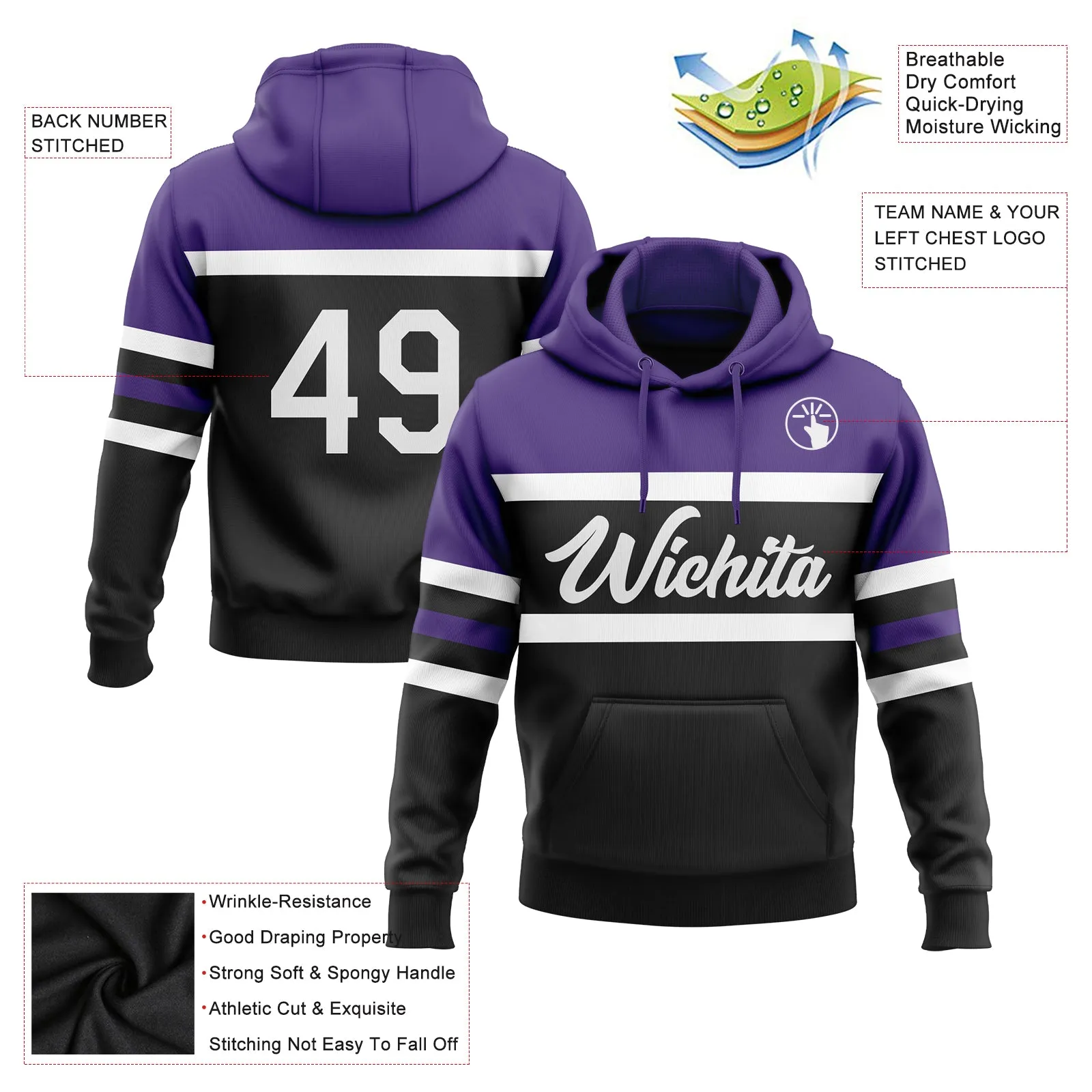 Custom Stitched Black White-Purple Line Sports Pullover Sweatshirt Hoodie