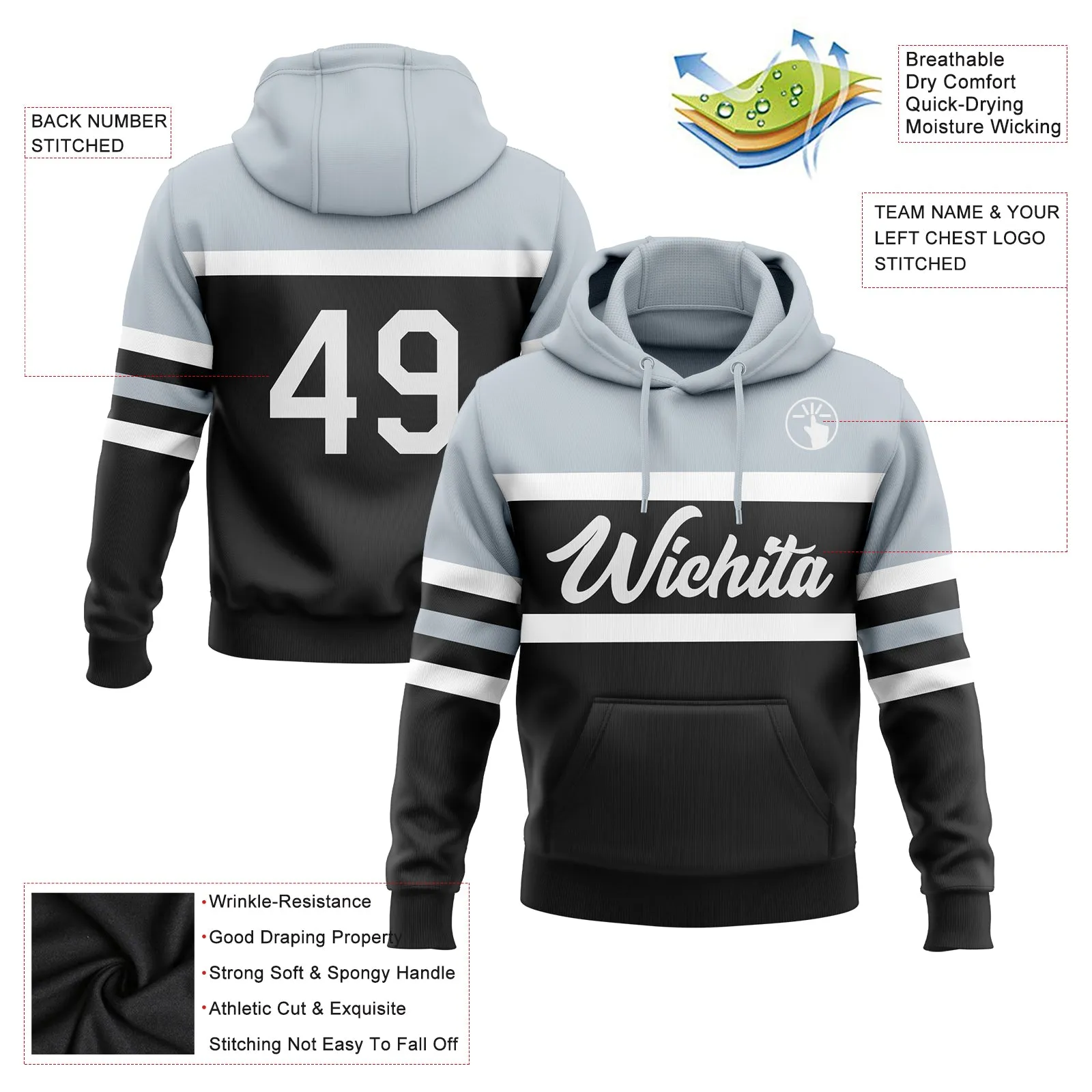 Custom Stitched Black White-Silver Line Sports Pullover Sweatshirt Hoodie